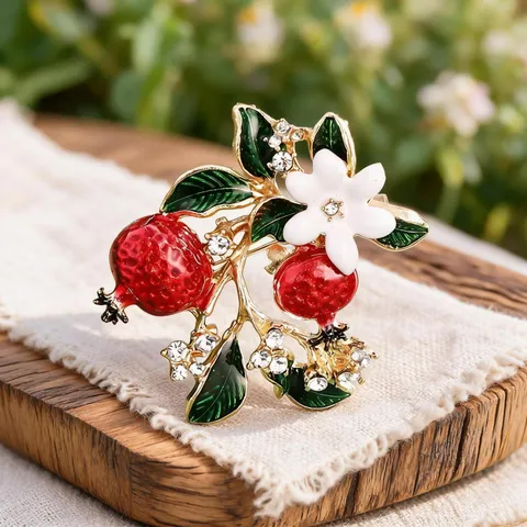 Fashion Alloy Rhinestone Fruit Plant Brooch Pin Enamel Pomegranate Flower Rose Wheat Ear Coat Suit Clothing Brooch Jewelry For Women
