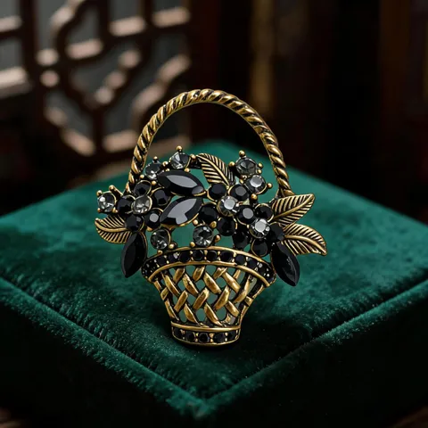 Vintage Alloy Rhinestone Flower Basket Brooch Elegant Floral Enamel Pin Fashion Jewelry Clothing Accessory For Women