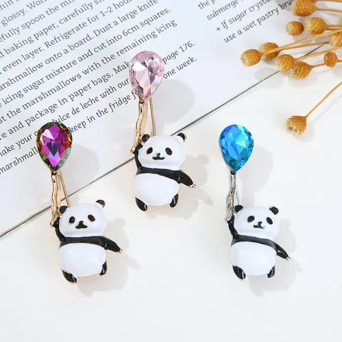 Cute Panda Balloon Brooch Rhinestone Alloy Oil Drop Pin Cartoon Animal Badge Clothing Jewelry Accessories For Women Men Gift