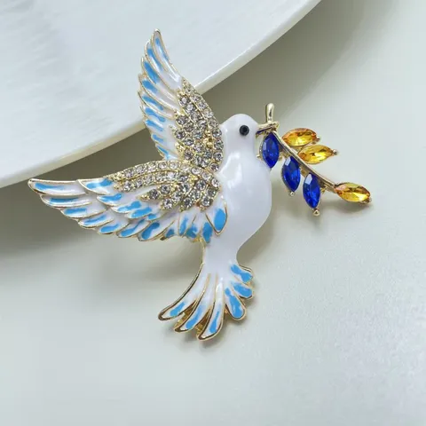 Elegant Alloy Enamel Peace Dove Brooch Rhinestone Inlaid Crystal Olive Branch Corsage Pins Fashion Wedding Banquet Dress Brooches Jewelry Accessories