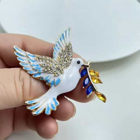 Elegant Alloy Enamel Peace Dove Brooch Rhinestone Inlaid Crystal Olive Branch Corsage Pins Fashion Wedding Banquet Dress Brooches Jewelry Accessories