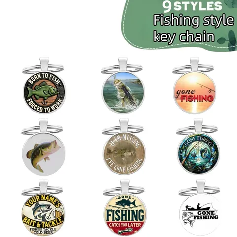 Vintage Fishing Lovers Keychain Pendant Time Gem Glass Cabochon Fish Pattern Alloy Keyring Marine Style Hanging Jewelry Gift