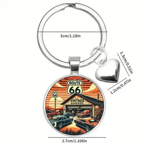 Porte-clés Rétro Route 66 Métal Verre Pendentif Cœur Classique American Highway Anneau Unique Unisexe Souvenir Cadeau