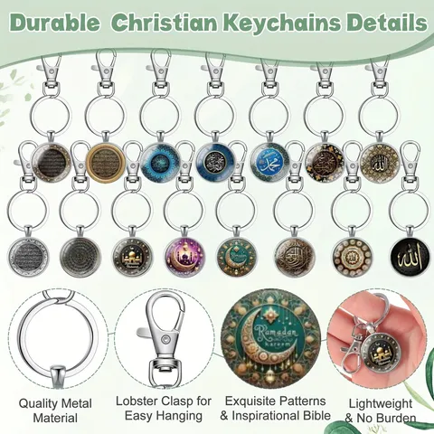 Middle Eastern Style Time Gem Keychain Pendant Round Metal Keyring Ramadan Mubarak Inscription Glass Dome Key Holder Holiday Gift