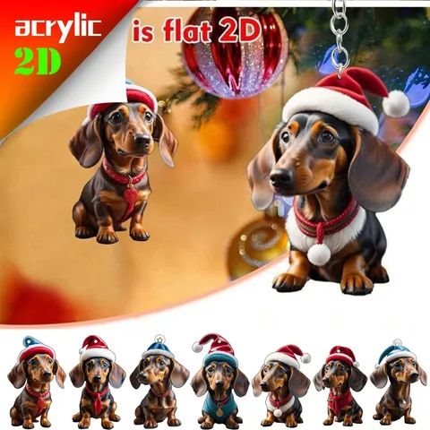 Acrylic Christmas Dachshund Hanging Ornament Printed Double Sided Flat Dog Keychain Car Decor Backpack Pendant Holiday Gift