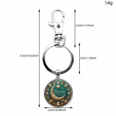 Middle Eastern Style Time Gem Keychain Pendant Round Metal Keyring Ramadan Mubarak Inscription Glass Dome Key Holder Holiday Gift