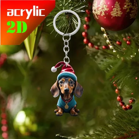 Acrylic Christmas Dachshund Hanging Ornament Printed Double Sided Flat Dog Keychain Car Decor Backpack Pendant Holiday Gift