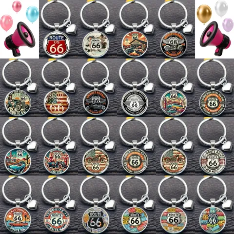 Porte-clés Rétro Route 66 Métal Verre Pendentif Cœur Classique American Highway Anneau Unique Unisexe Souvenir Cadeau