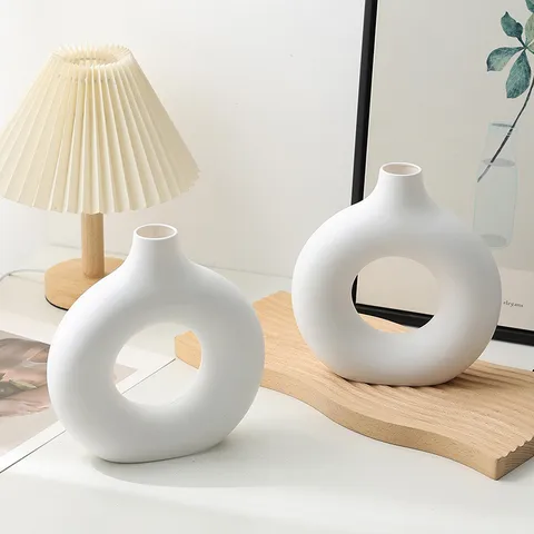 Vaso Donut in Ceramica Minimalista Nordica Vaso di Fiori Bianco Astratto Soggiorno Scrivania Arte Decorativa Composizione Floreale