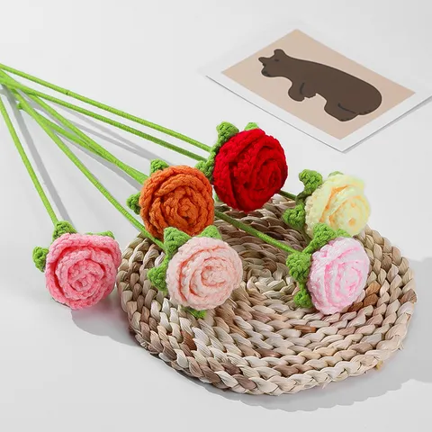 Knitted Wool Rose Artificial Flower Handmade Crochet Floral Home Decoration Gift Desktop Ornaments