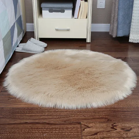 Fluffy Round Area Rug Imitation Wool Faux Fur Carpet Soft Shaggy Floor Mat For Bedroom Living Room Computer Chair White