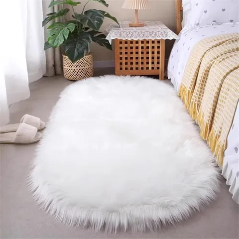 Modern Minimalistisch Imitatie Wol Lange Pluche Ovale Tapijt Effen Kleur Pluizig Bedside Vloerkleed Voor Slaapkamer Woonkamer