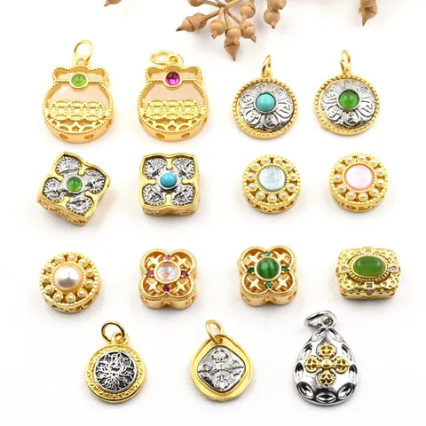 Antiek Goud Messing DIY Sieraden Maken Accessoires Gesneden Ingelegde Steen Losse Kralen Hangers Bedels Voor Ambacht