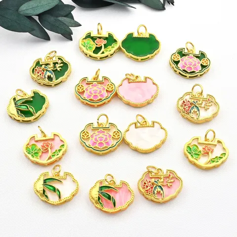 Ancient Style Chinese Ruyi Lock Pendant Copper Enamel Imitation Jade DIY Bracelet Necklace Jewelry Accessories