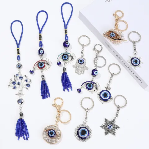Ornamento Sospeso Turco Malocchio Blu Mano di Fatima Albero della Vita Decorazione Parete Lega Strass Portachiavi Auto Accessorio