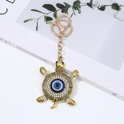 Alloy Rhinestone Evil Eye Turtle Keychain Niche Design Lucky Turkish Blue Eye Backpack Pendant Keyring Charm Decoration Accessory For Bag