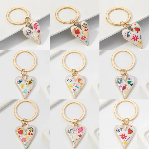 Fashion Alloy Enamel Heart Flower Keychain Evil Eye Graffiti Pattern Bag Charm Car Key Ring Pendant For Women Gift