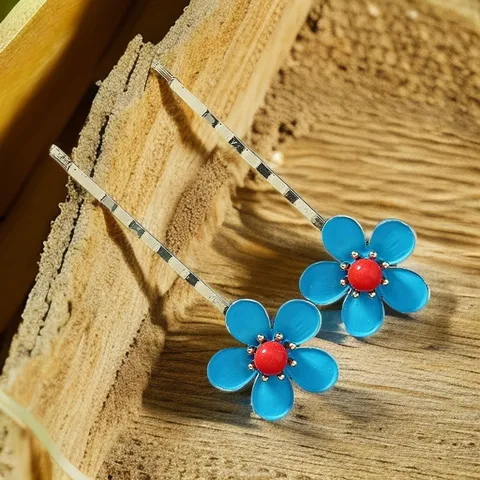 Retro Ethnic Style Enamel Blue Floral Hair Clip For Women Zinc Alloy Botanical Pattern Bobby Pin Traditional Hair Accessory