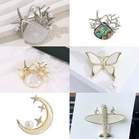 Creative Alloy Rhinestone Brooch Fashion Starfish Moon Airplane Butterfly Pin Versatile Artificial Pearl Inlaid Brooch For Women Men Daily Party Jewelry Gift