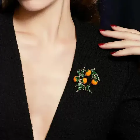 Broche Kaki en Alliage Vintage pour Accessoires de Costume de Femmes Électroplaqué Orange Vert Émail Plante Branche D'arbre Fruitier Épinglette Bijoux Cadeau