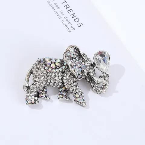 Vintage Alloy Rhinestone Elephant Brooch Pin For Women Men Colorful Crystal Animal Necklace Pendant Dual Use Fashion Jewelry Accessory