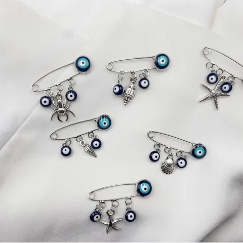 Gelukkige Boze Oog Veiligheidsspeld Broche Verzilverd Koper Blauw Glasoog Zeester Schelp Spin Hanger Kraagspeld Voor Dames Heren Sieraden