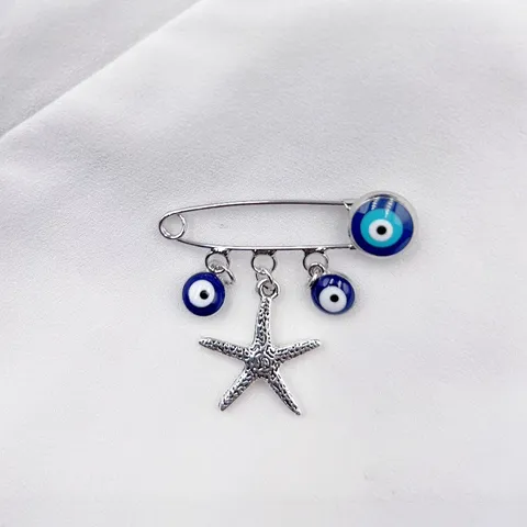 Gelukkige Boze Oog Veiligheidsspeld Broche Verzilverd Koper Blauw Glasoog Zeester Schelp Spin Hanger Kraagspeld Voor Dames Heren Sieraden