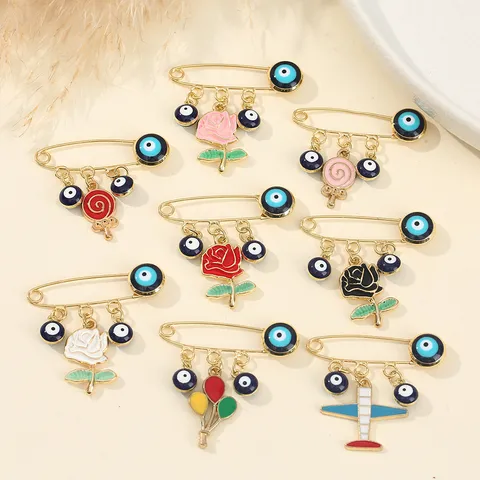 Creative Evil Eye Safety Pin Brooch Gold Alloy Enamel Rose Flower Lollipop Airplane Balloon Pendant Brooch Fashion Accessories Jewelry