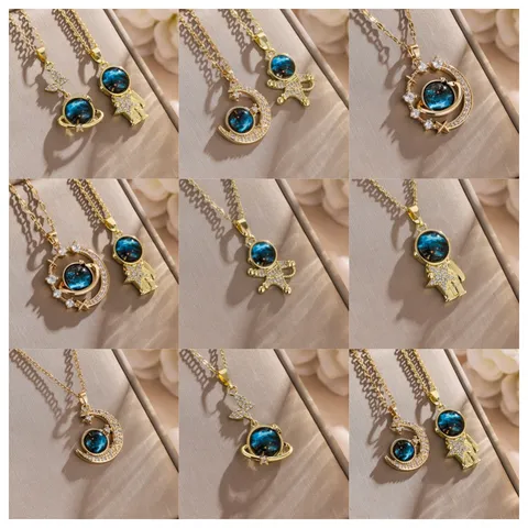 Collana Astronauta Pianeta Vintage per Donna Oro Bianco Placcato Zirconia Galassia Ciondolo Catena Clavicola Gioielli Regalo