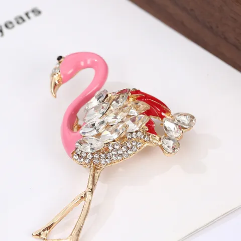 Elegant Zinc Alloy Flamingo Brooch With Pink Drip Oil And Rhinestone Inlay Animal Shaped Creative Clothes Accessory Pin For Women