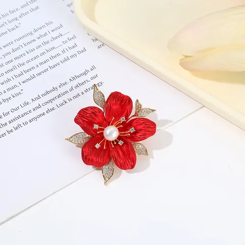 Elegant Zinc Alloy Red Rose Brooch Pin For Women Neo-Chinese Style Rhinestone Inlaid Artificial Pearl Flower Plant Brooches Apparel Accessories Gift