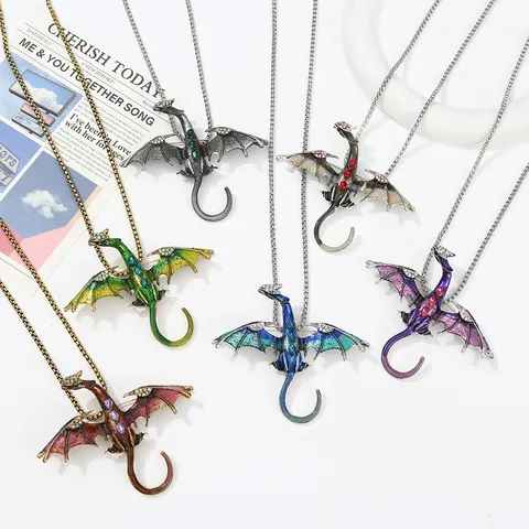 Vintage Gothic Zinc Alloy Flying Dragon Pendant Necklace Rhinestone Enamel Brooch Dual Use Exaggerated Animal Chain Jewelry For Women Men