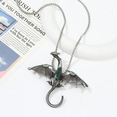 Vintage Gothic Zinc Alloy Flying Dragon Pendant Necklace Rhinestone Enamel Brooch Dual Use Exaggerated Animal Chain Jewelry For Women Men