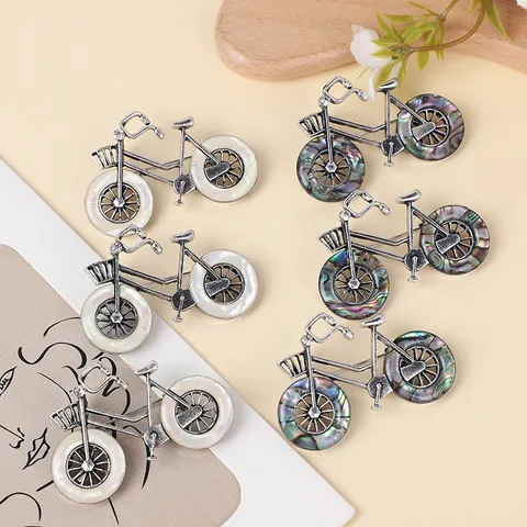 Vintage Alloy Bicycle Brooch With Artificial Shell Inlay Rhinestone Retro Silver Bike Lapel Pin Women Apparel Jewelry Accessory