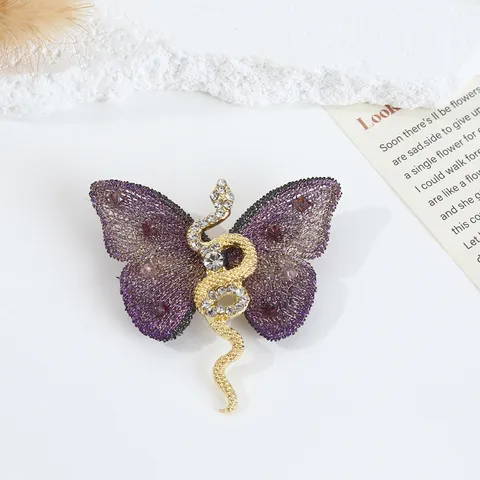 Elegant Chinese Style Zodiac Snake Butterfly Brooch Pin Gold Plated Rhinestone Fabric Embroidery Jewelry For Women Men Gift