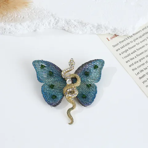 Elegant Chinese Style Zodiac Snake Butterfly Brooch Pin Gold Plated Rhinestone Fabric Embroidery Jewelry For Women Men Gift