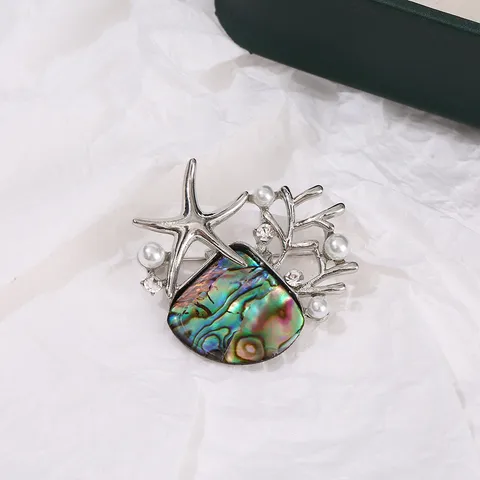 Korean Creative Alloy Shell Artificial Pearl Brooch Pin Starfish Coral Rhinestone Ocean Theme Clothing Jewelry Gift For Women