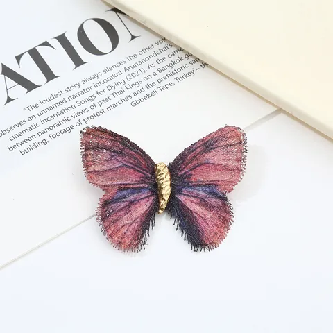 Vintage Zinc Alloy Embroidered Butterfly Brooch For Women Elegant Gradient Mesh Fabric Costume Lapel Pin Brooches For Coat Dress Clothing Accessories Gift
