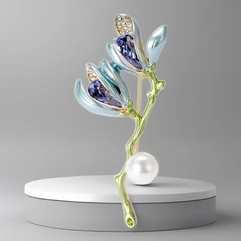 Vintage Elegant Magnolia Flower Bouquet Brooch Pin For Women Alloy Inlaid Rhinestone Artificial Pearl High-End Lapel Pin Jewelry