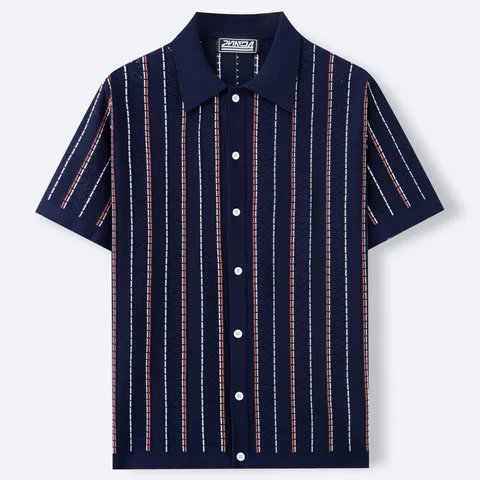 Polo da Uomo in Maglia di Viscosa Casual a Righe Manica Corta Cardigan con Bottoni Top per Moda Estiva