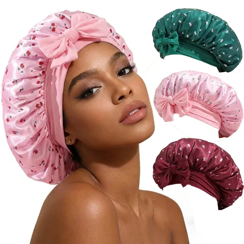 Damen Satin Schlafmütze Kirschdruck Breite Krempe Schleife Turban Hut Weich Haarpflege Nacht Haube