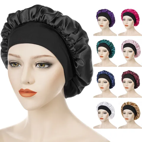 Satin Sleep Cap For Women Wide High Elastic Band Hair Care Night Cap Silky Soft Bonnet Sleep Hat Head Cover