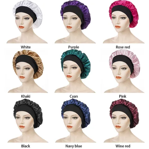 Satin Sleep Cap For Women Wide High Elastic Band Hair Care Night Cap Silky Soft Bonnet Sleep Hat Head Cover