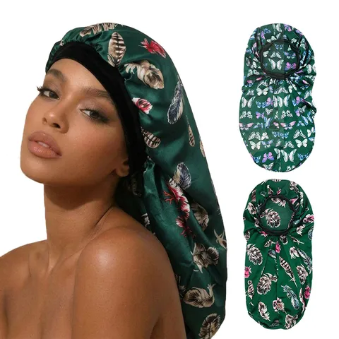 Damen Vintage Bedruckte Satin Schlafmütze Langhaar Pflege Nacht Mütze Elastische Breite Band Kopfbedeckung Weiche Nachtwäsche