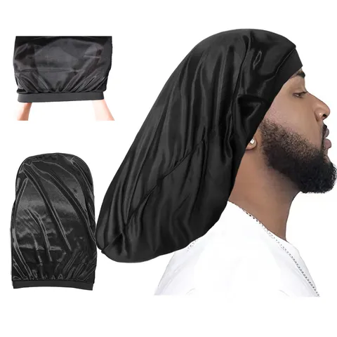 Herren Seide Satin Wave Cap Breites Band Elastische Lange Schwanz Schlaf Mütze Haarstyling Durag