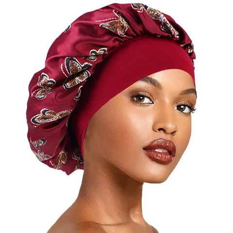 Damen Satin Schlafmütze Breites Band Elastische Haarpflege Haube Blumenmuster