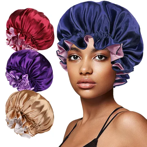 Doppelschicht Wendbare Satin Haube Schlafmütze Für Damen Seidenähnliche Haarpflege Nacht Schlaf Hut Verstellbare Haar Abdeckung