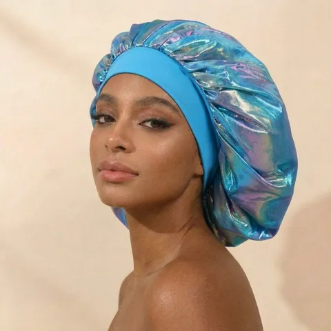 Large Satin Sleep Cap Laser Shiny Night Cap Wide Band Hair Care Bonnet For Women Sleeping Hair Styling Sleep Accessories