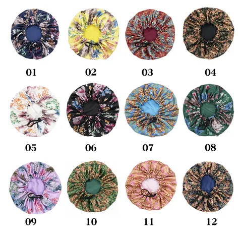 Damen Satin Schlafhaube Verstellbare Elastische Nachtmütze Blumen Bedruckt Seidenähnliche Haube Haarpflege Schlafzubehör