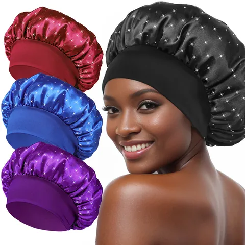 Damen Satin Schlafmütze Strass Haarpflege Kappe Breites Band Elastische Nacht Schlafmütze Seidenähnlicher Haarschutz Hut